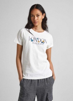 Camiseta Pepe Jeans Logo Print T-shirt Mujer Blancas | 724WJQKBH