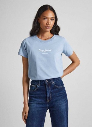 Camiseta Pepe Jeans Logo Print T-shirt Mujer Gris Azules | 685DFMHAC