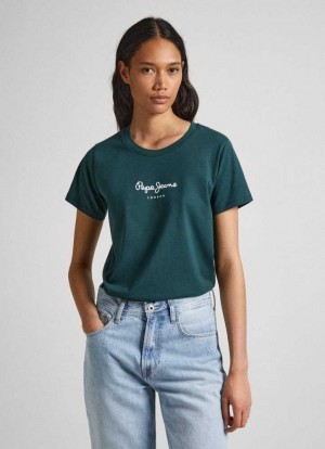 Camiseta Pepe Jeans Logo Print T-shirt Mujer Verde | 670TOHUJN