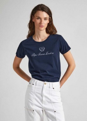 Camiseta Pepe Jeans Logo Print T-shirt Mujer Azules | 627VOLHFY