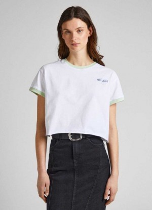 Camiseta Pepe Jeans Logo Printed Cropped Fit T-shirt Mujer Blancas | 620MGZITE