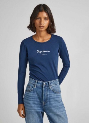 Camiseta Pepe Jeans Long-sleeved Algodon T-shirt Mujer Azul Marino | 364OBTREF