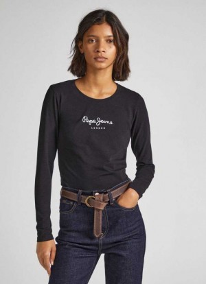 Camiseta Pepe Jeans Long-sleeved Algodon T-shirt Mujer Negras | 891UBERFL