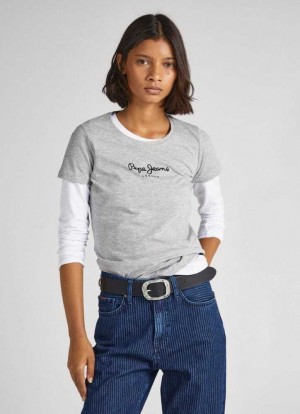 Camiseta Pepe Jeans Lycra T-shirt With Printed Logo Mujer Gris | 264WXJQVY