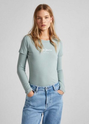 Camiseta Pepe Jeans Lycra T-shirt With Printed Logo Mujer Verde | 193YKTXHA
