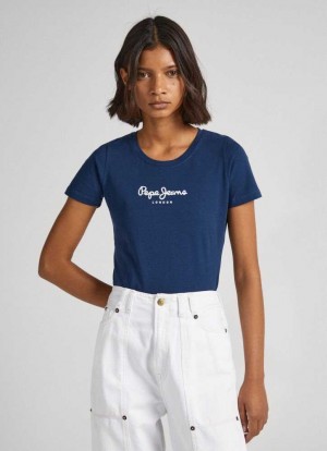 Camiseta Pepe Jeans Lycra T-shirt With Printed Logo Mujer Azul Marino | 142AJPUSX