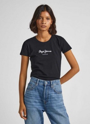 Camiseta Pepe Jeans Lycra T-shirt With Printed Logo Mujer Negras | 104KGNVOC