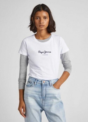 Camiseta Pepe Jeans Lycra T-shirt With Printed Logo Mujer Blancas | 690HFNOJB