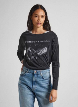 Camiseta Pepe Jeans Photo Print T-shirt Mujer Negras | 394HGDTBP