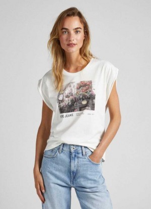 Camiseta Pepe Jeans Photo Print T-shirt Mujer Blancas | 840UAMOKG