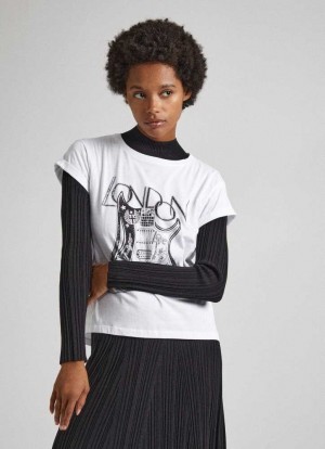 Camiseta Pepe Jeans Printed Algodon T-shirt Mujer Blancas | 712DLYCSZ