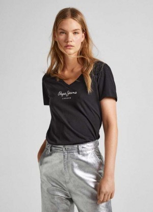 Camiseta Pepe Jeans Regular V-neck T-shirt Mujer Negras | 263TZGUYO
