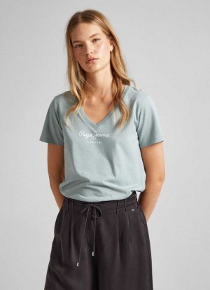 Camiseta Pepe Jeans Regular V-neck T-shirt Mujer Verde | 897CAWXHT