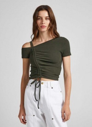 Camiseta Pepe Jeans Rib T-shirt With Asymmetrical Collar Mujer Verde Oliva Verde | 601IEYVBG