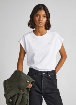 Camiseta Pepe Jeans Sin Manga T-shirt With Printed Logo Mujer Blancas | 593SAYHXZ