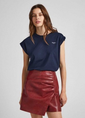 Camiseta Pepe Jeans Sin Manga T-shirt With Printed Logo Mujer Azules | 132WPQNIX