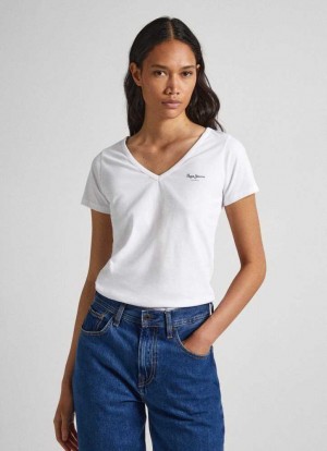 Camiseta Pepe Jeans Slim Fit V-neck T-shirt Mujer Blancas | 389NPOLUA