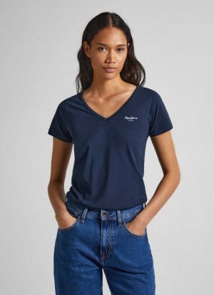 Camiseta Pepe Jeans Slim Fit V-neck T-shirt Mujer Azules | 291WFSVHX