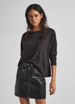Camiseta Pepe Jeans Solid Colour T-shirt With Studded Neck Mujer Negras | 730GJAVPX
