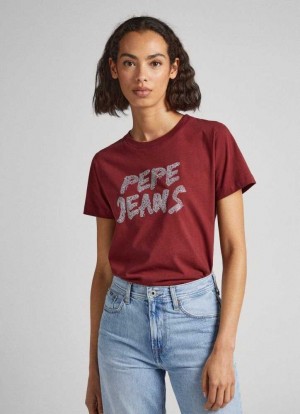 Camiseta Pepe Jeans Strass Logo T-shirt Mujer Burdeos Rojas | 459XAPLZV