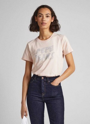 Camiseta Pepe Jeans Strass Logo T-shirt Mujer Gris Rosas Rosas | 276HZWYQK