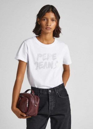 Camiseta Pepe Jeans Strass Logo T-shirt Mujer Blancas | 265QGTIXY
