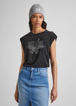 Camiseta Pepe Jeans Strass Logo T-shirt Mujer Negras | 165LYODIA
