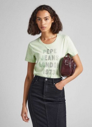Camiseta Pepe Jeans Strass Logo T-shirt Mujer Verde | 754PJNUHS