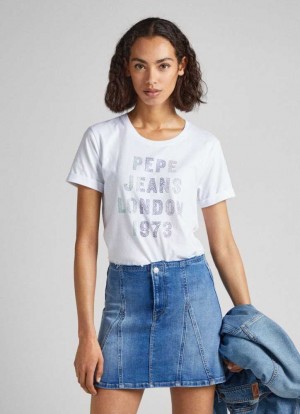 Camiseta Pepe Jeans Strass Logo T-shirt Mujer Blancas | 690REBDUO