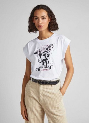 Camiseta Pepe Jeans T-shirt With Rhinestone Detail Mujer Blancas | 563MICWAZ