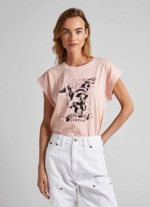 Camiseta Pepe Jeans T-shirt With Rhinestone Detail Mujer Gris Rosas Rosas | 780ZHBGJY