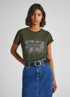 Camiseta Pepe Jeans Union Jack Strass T-shirt Mujer Verde Oliva Verde | 805ITVXOJ