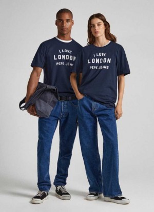 Camiseta Pepe Jeans Unisex I Love London Printed T-shirt Hombre Azules | 081CJGLFW