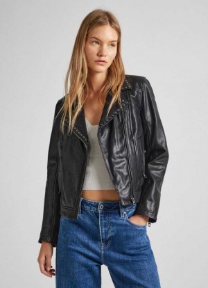 Chaqueta Pepe Jeans Cuero Ciclismo Jacket With Lapel Collar Mujer Negras | 510CMRPIF