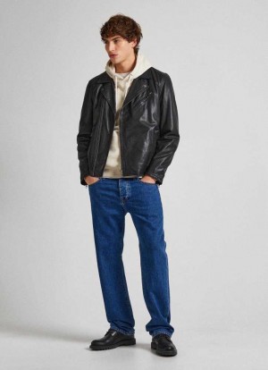 Chaqueta Pepe Jeans Cuero Ciclismo Jacket With Lapel Collar Hombre Negras | 218KNMPZF