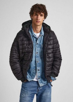 Chaqueta Pepe Jeans Encapuchado Nylon Puffer Jacket Hombre Negras | 491IWBTFA