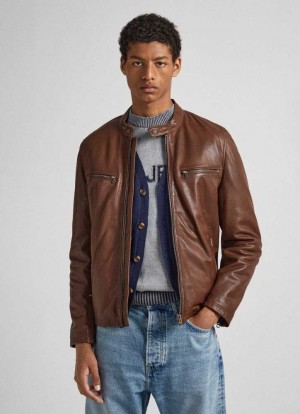 Chaqueta Pepe Jeans Lambskin Cuero Ciclismo Jacket Hombre Marrones | 562SWQIXB