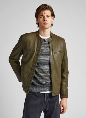 Chaqueta Pepe Jeans Lambskin Cuero Ciclismo Jacket Hombre Verde Oliva Verde | 514CJVUZO