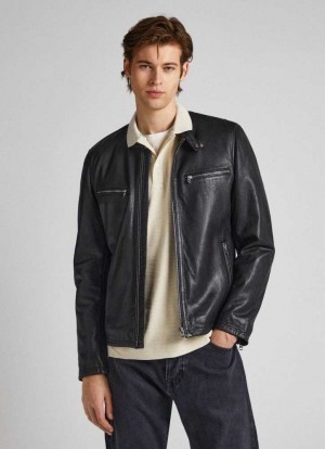 Chaqueta Pepe Jeans Lambskin Cuero Ciclismo Jacket Hombre Negras | 297ZIAUOC