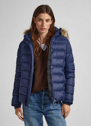 Chaqueta Pepe Jeans Puffer Jacket W/ Fur Lining On Hood Mujer Azules | 495RQNKSJ