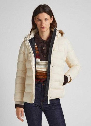 Chaqueta Pepe Jeans Puffer Jacket W/ Fur Lining On Hood Mujer Blancas | 470WUQLVJ