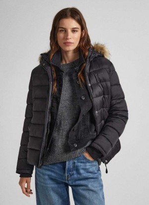 Chaqueta Pepe Jeans Puffer Jacket W/ Fur Lining On Hood Mujer Negras | 102LGYPJT