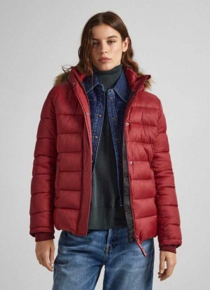 Chaqueta Pepe Jeans Puffer Jacket W/ Fur Lining On Hood Mujer Burdeos Rojas | 706OYKFPH