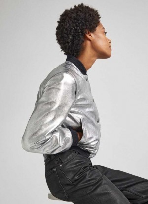Chaqueta Pepe Jeans Silver Cuero Bomber Jacket Mujer Plateadas | 527WVBCSI