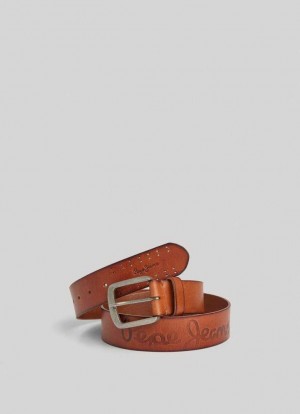 Cinturones Pepe Jeans Cuero Belt With Metal Hebilla Hombre Marrones | 483QUPYKI