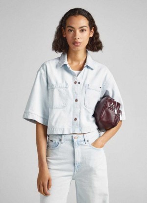 Denim Pepe Jeans Corta Sleeve Denim Shirt Mujer Azules | 260CRXPFQ