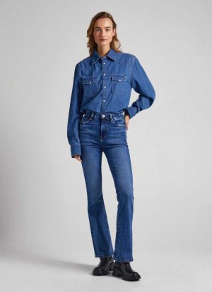 Denim Pepe Jeans Dion Flare Fit High-rise Cintura Jeans Mujer Azules | 381PCJVLT
