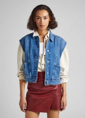 Denim Pepe Jeans Sin Manga Denim Jacket Mujer Azules | 402RXGVLO