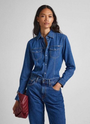 Denim Pepe Jeans Slim Fit Denim Shirt Mujer Azules | 218BQKAXT