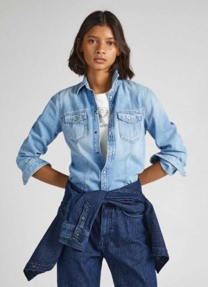 Denim Pepe Jeans Slim Fit Denim Shirt Mujer Azules | 718KLBZIA